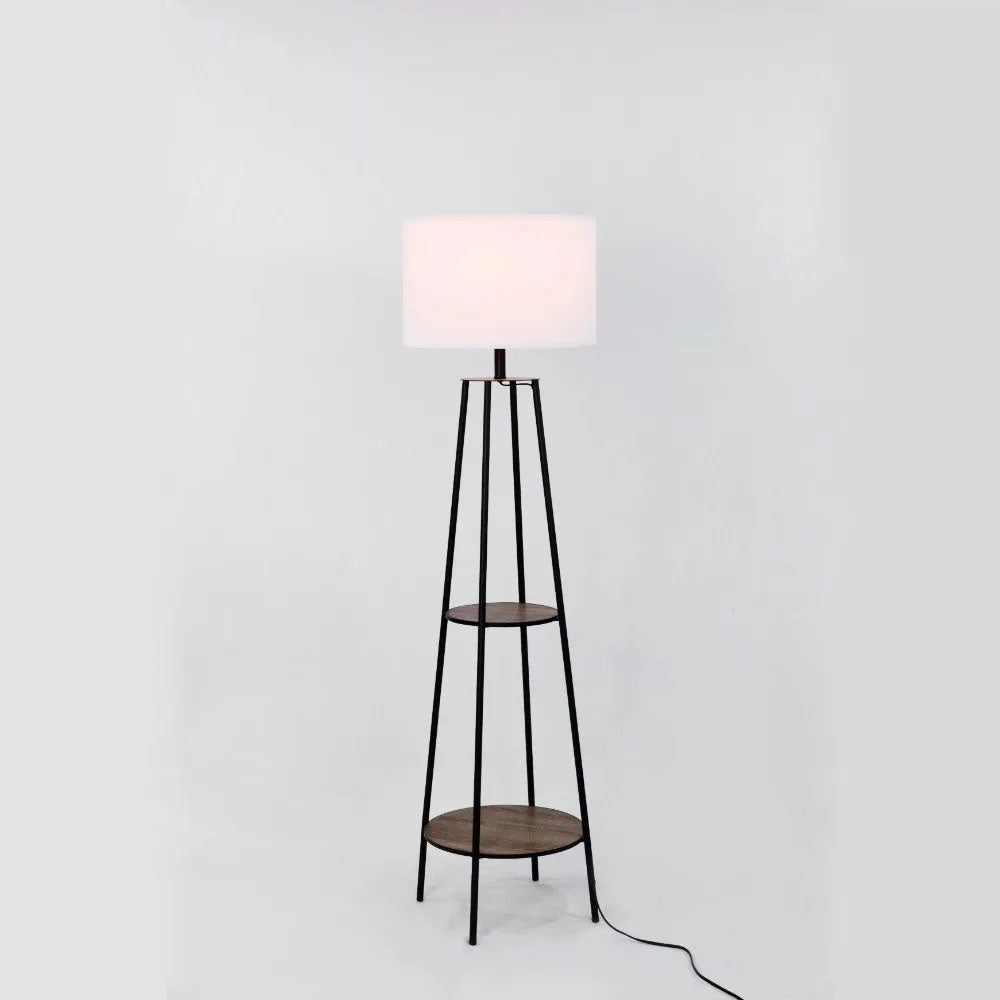 Floor Lamp with 2 Wood Shelves Matte Black Floor Lamp