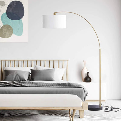 Arc Floor Lamp with Unique Hanging White Linen Drum Shade & Marble Base