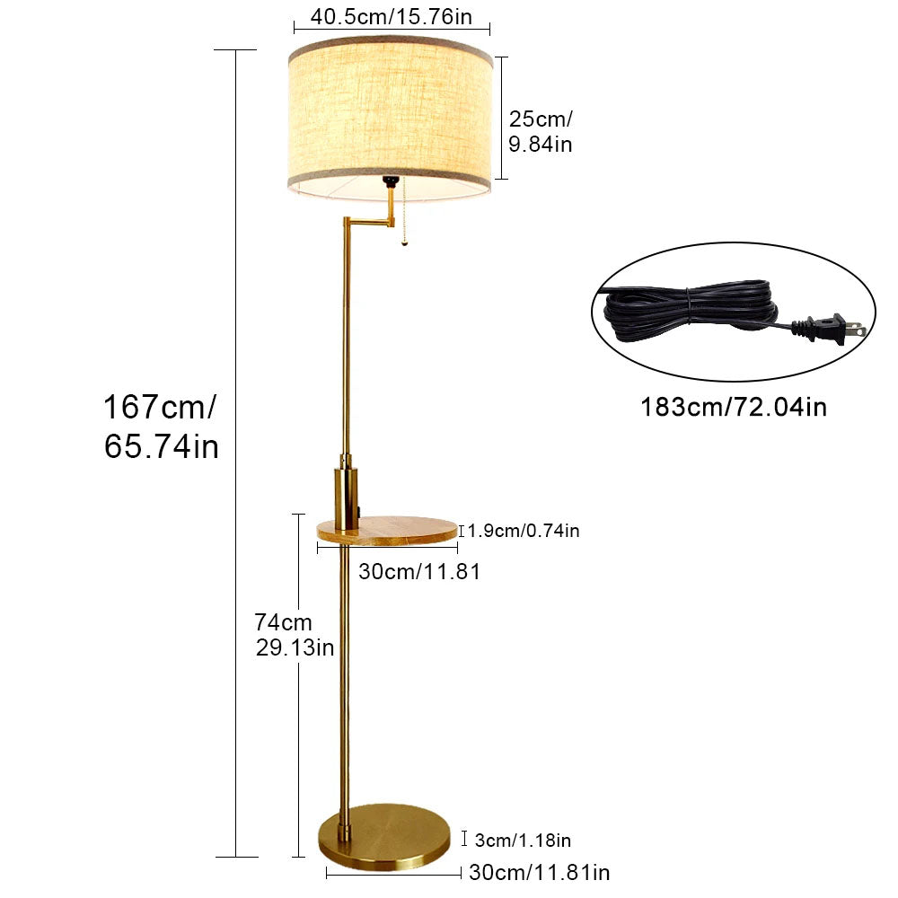 Nordic Vertical Gold Pole Floor Floor Lamp with Table and USB Charging