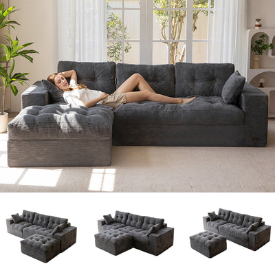 MAXYOYO L Shaped Sectional Sofa with Ottoman, Cloud Boneless Couch with Layered Cushion, Upholstered Modular Sofa with Tufting, Flexible Module Combination for Living Room, No Assembly, Dark Grey