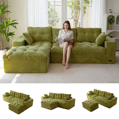 MAXYOYO L Shaped Sectional Sofa with Ottoman, Cloud Boneless Couch with Layered Cushion, Upholstered Modular Sofa with Tufting, Flexible Module Combination for Living Room, No Assembly Required, Green