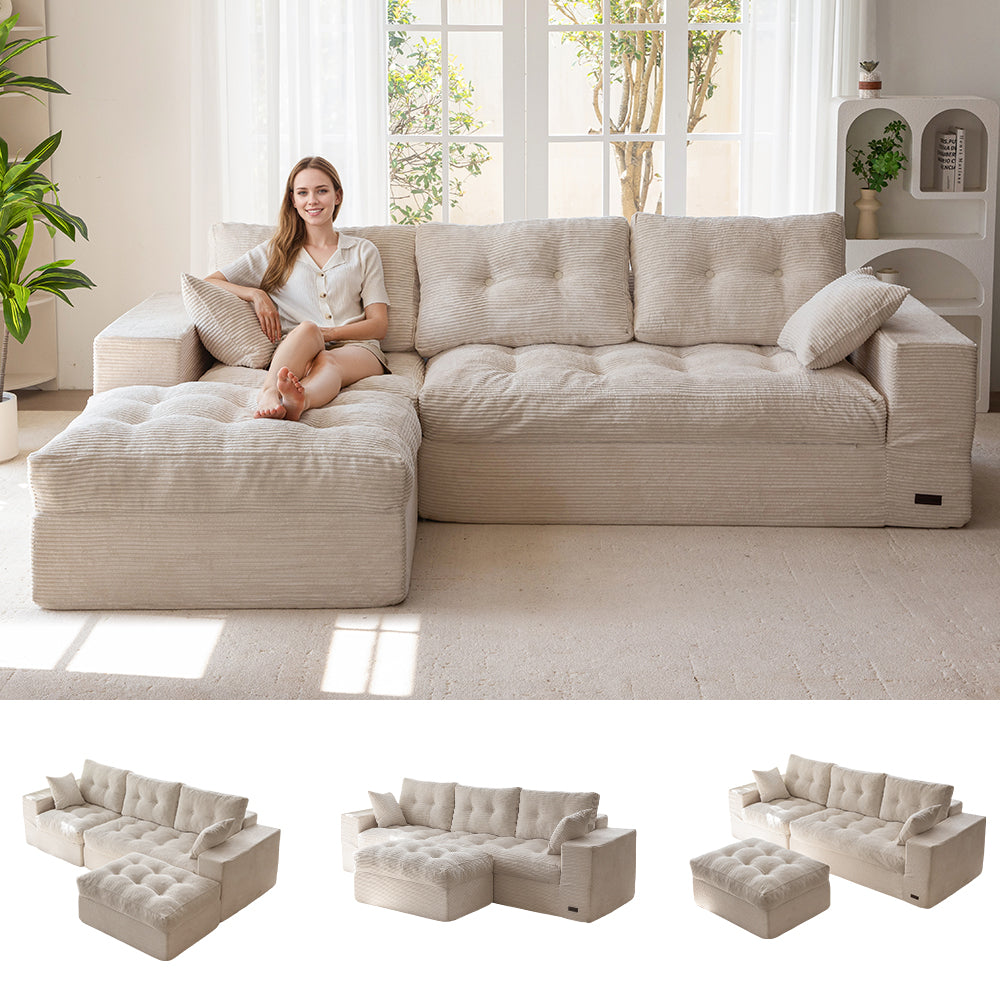 MAXYOYO L Shaped Sectional Sofa with Ottoman, Cloud Boneless Couch with Layered Cushion, Upholstered Modular Sofa with Tufting, Flexible Module Combination for Living Room, No Assembly Required, Beige