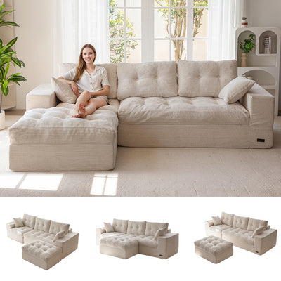 MAXYOYO L Shaped Sectional Sofa with Ottoman, Cloud Boneless Couch with Layered Cushion, Upholstered Modular Sofa with Tufting, Flexible Module Combination for Living Room, No Assembly Required, Beige