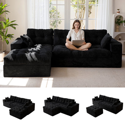 MAXYOYO L Shaped Sectional Sofa with Ottoman, Cloud Boneless Couch with Layered Cushion, Upholstered Modular Sofa with Tufting, Flexible Module Combination for Living Room, No Assembly Required, Black