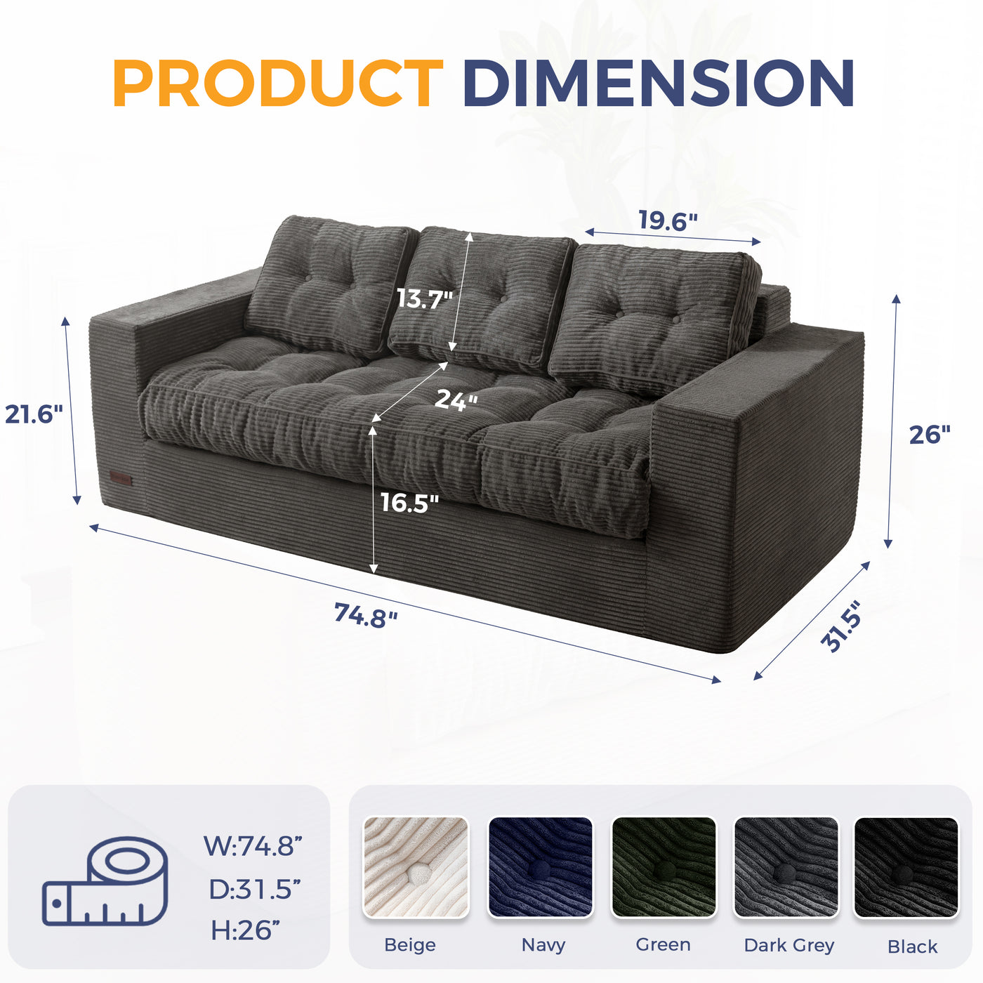 MAXYOYO 3 Seater Couch for Living Room, Boneless Couch with Tufted Cushion & Backrest, Upholstered Floor Sofa with Armrests, Sofa in A Box, No Assembly Required