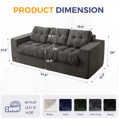 MAXYOYO 3 Seater Couch for Living Room, Boneless Couch with Tufted Cushion & Backrest, Upholstered Floor Sofa with Armrests, Sofa in A Box, No Assembly Required
