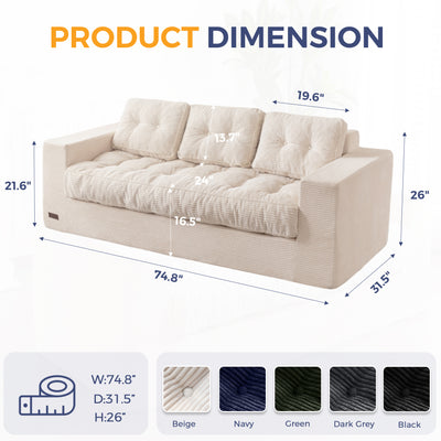 MAXYOYO 3 Seater Couch for Living Room, Boneless Couch with Tufted Cushion & Backrest, Upholstered Floor Sofa with Armrests, Sofa in A Box, No Assembly Required