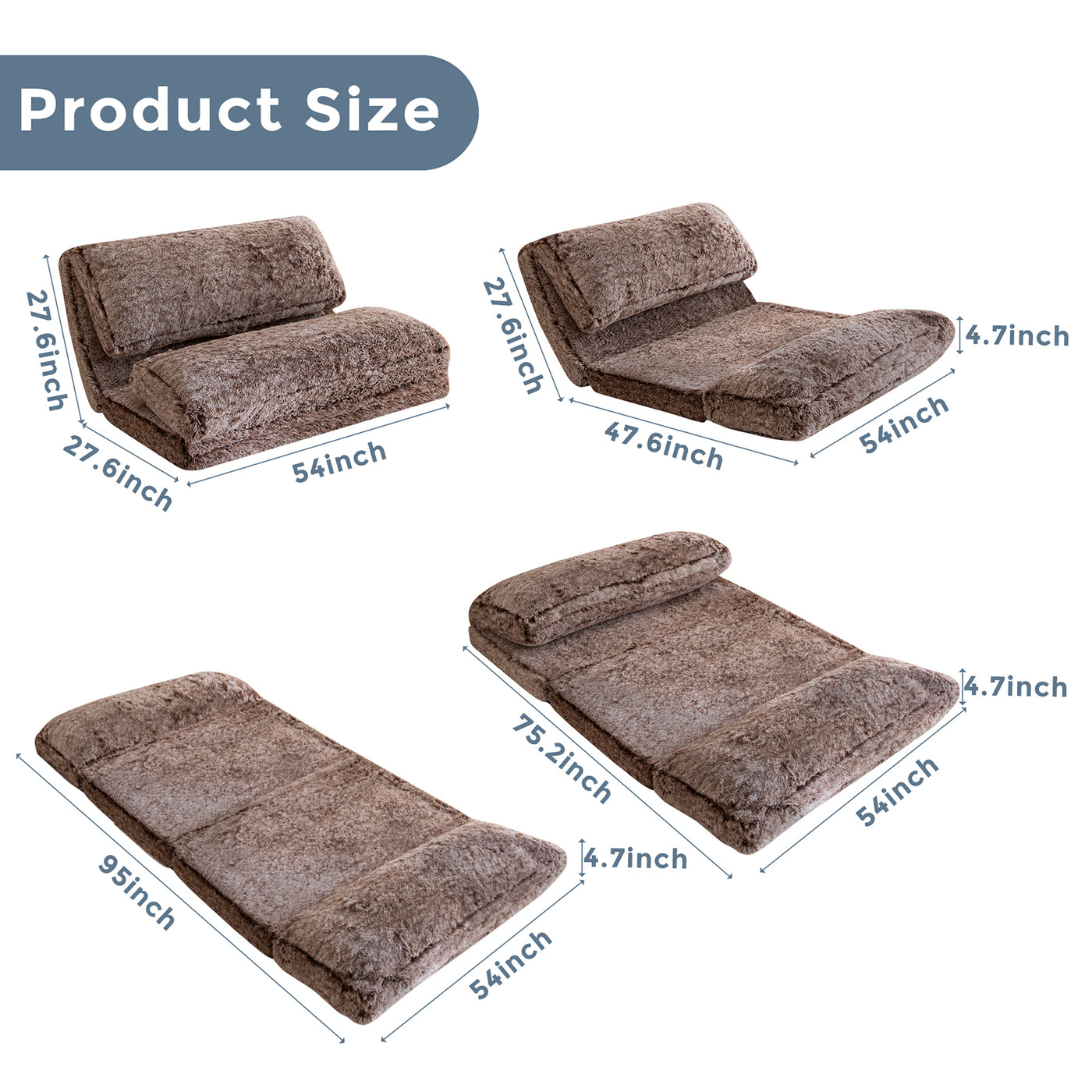 MAXYOYO Bean Bag Folding Floor Sofa Bed, Faux Fur Foam Filling Wall Couch Sleeper Chairs, Coffee