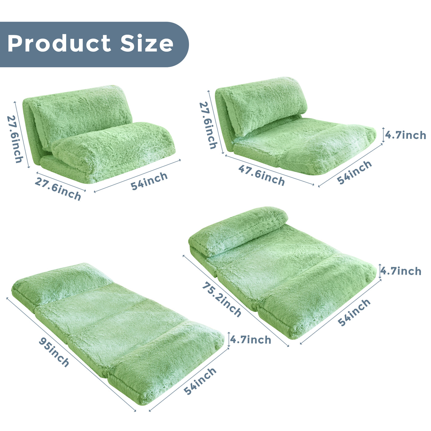 MAXYOYO Bean Bag Folding Floor Sofa Bed, Faux Fur Foam Filling Wall Couch Sleeper Chairs, Green