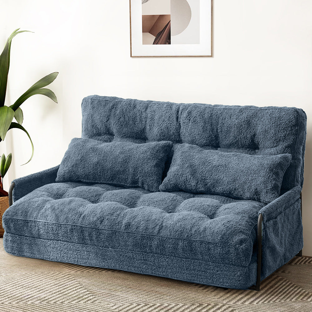 MAXYOYO Adjustable Floor Sofa Couch with 2 Pillows, Boucle Convertible Lazy Sofa Sleeper Bed with Armrest, Double, Dusty Blue