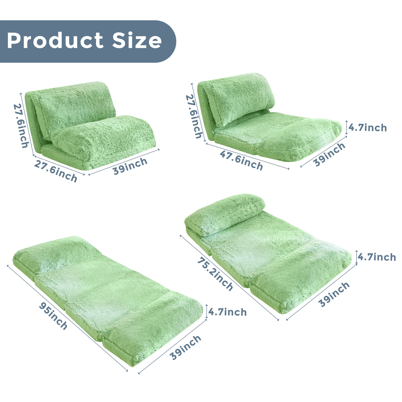 MAXYOYO Bean Bag Folding Floor Sofa Bed, Faux Fur Foam Filling Wall Couch Sleeper Chairs, Green