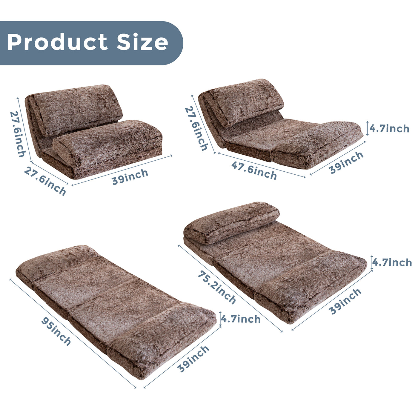 MAXYOYO Bean Bag Folding Floor Sofa Bed, Faux Fur Foam Filling Wall Couch Sleeper Chairs, Coffee
