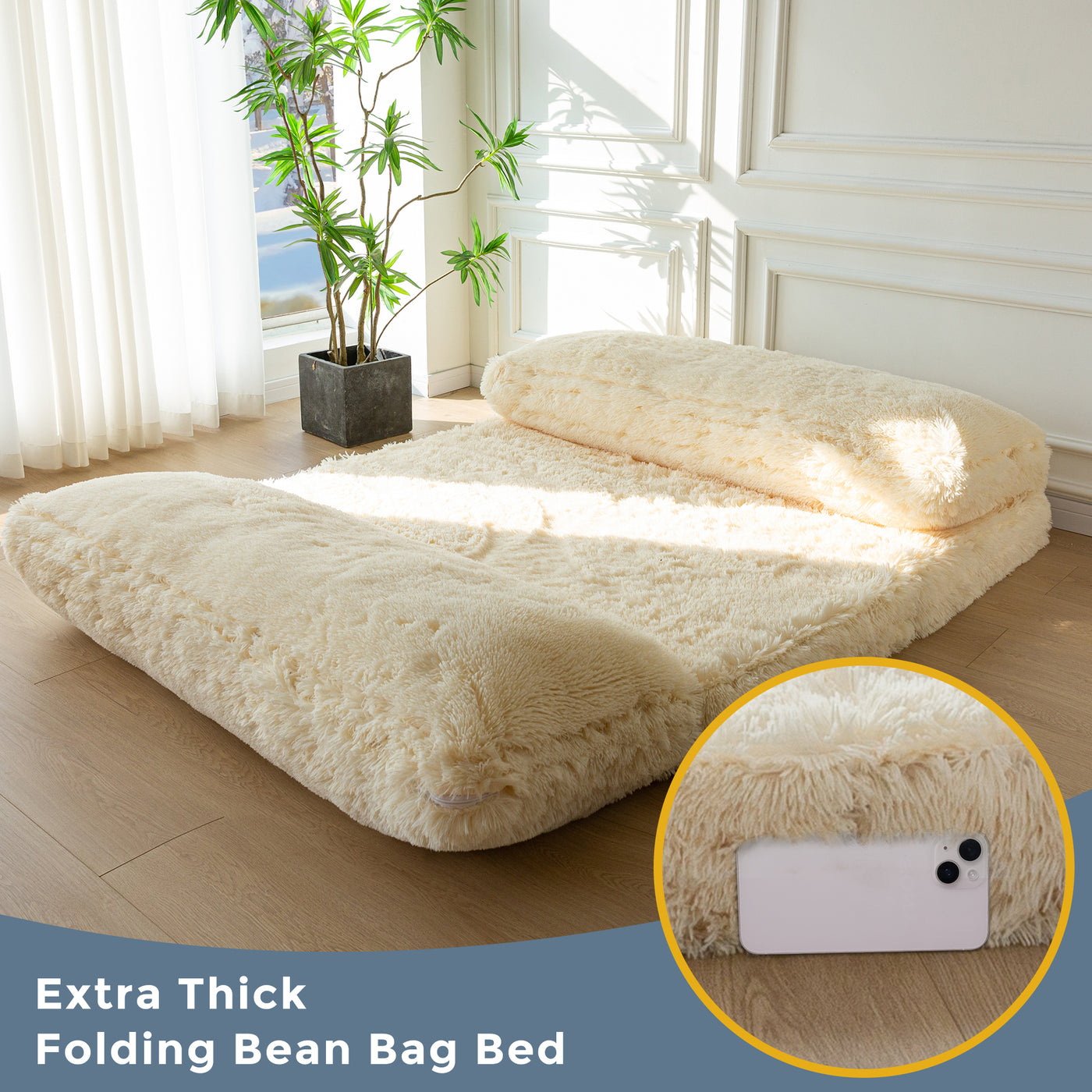 MAXYOYO Bean Bag Folding Floor Sofa Bed, Faux Fur Foam Filling Wall Couch Sleeper Chairs, Beige