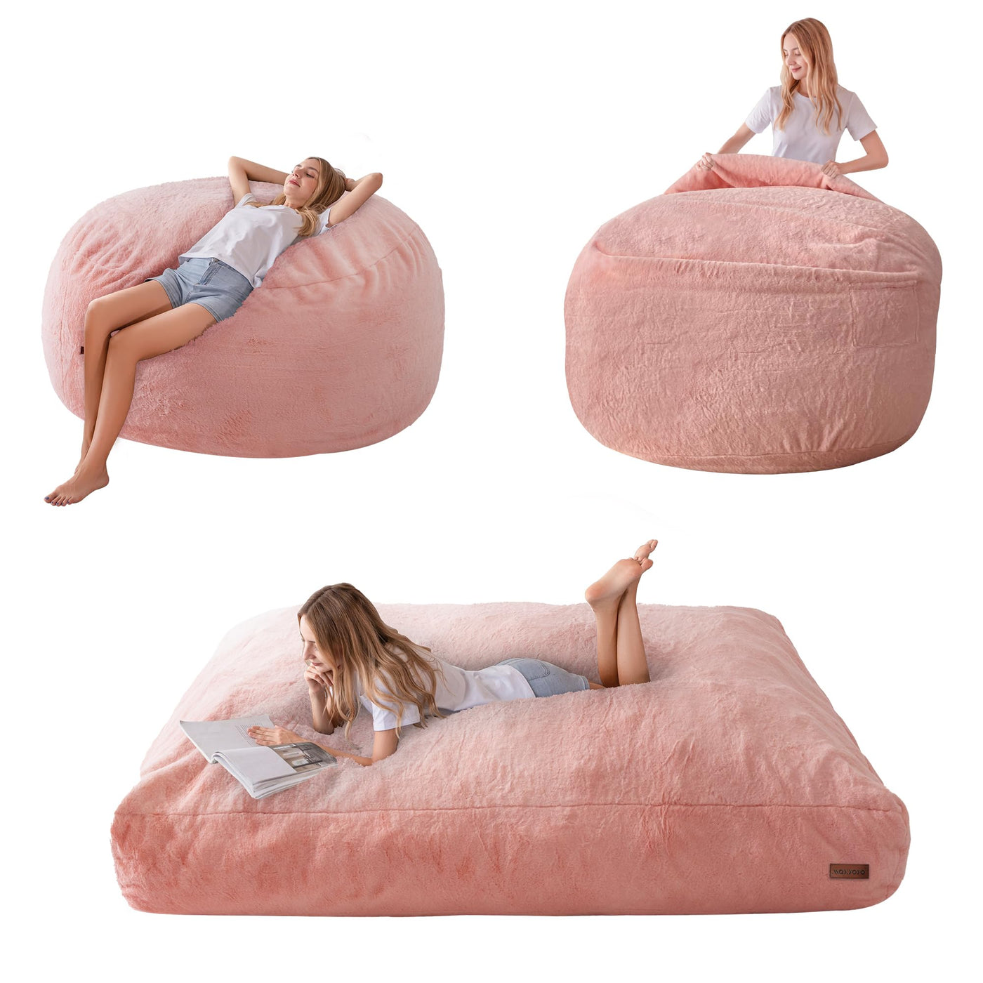 MAXYOYO Giant Bean Bag, Faux Fur Convertible Beanbag Folds from Lazy Chair to Floor Mattress Bed, Pink