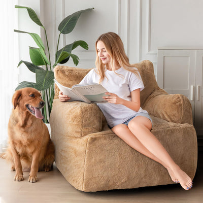 MAXYOYO Giant Bean Bag Chair, Faux Fur Stuffed Bean Bag Couch for Living Room, Khaki