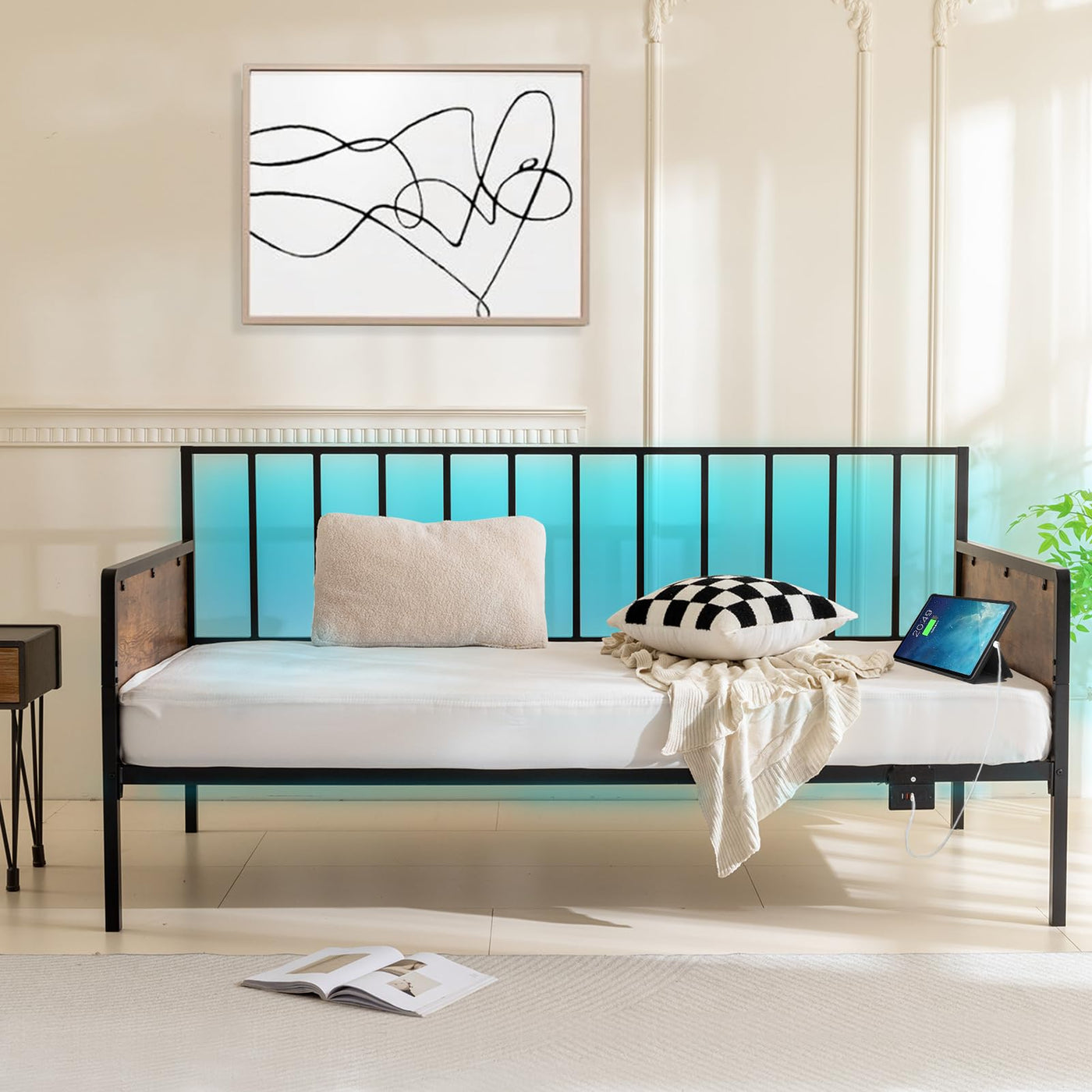 MAXYOYO Daybed with Charging Station and LED Lights, Farmhouse Metal Day Bed Frame for Living Room