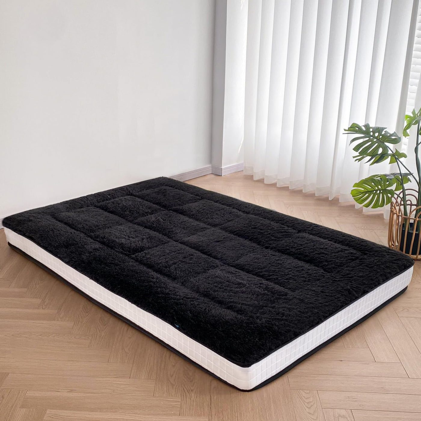 MAXYOYO 6" Extra Thick Fluffy Floor Futon Mattress, Long Plush Square Quilted Floor Mattress for Adults, Black