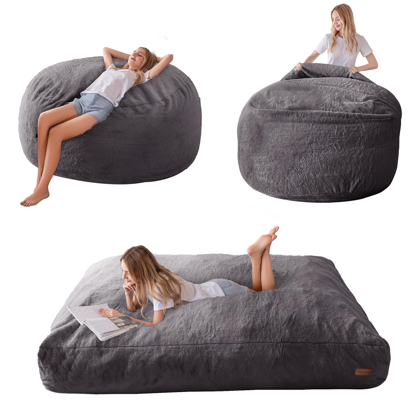 MAXYOYO Giant Bean Bag, Faux Fur Convertible Beanbag Folds from Lazy Chair to Floor Mattress Bed, Dark Grey