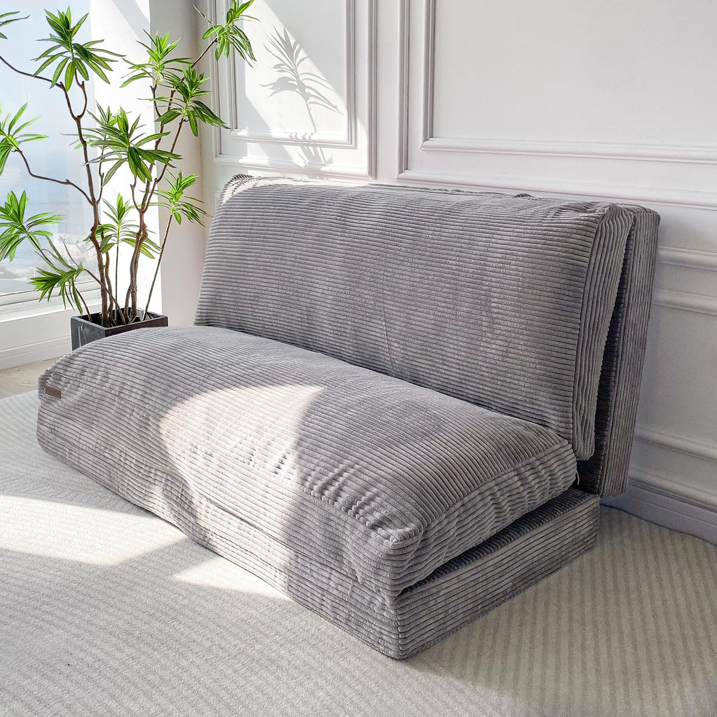 MAXYOYO Bean Bag Folding Sofa Bed with Corduroy Washable Cover, Extra Thick and Long Floor Sofa for Adults, Grey