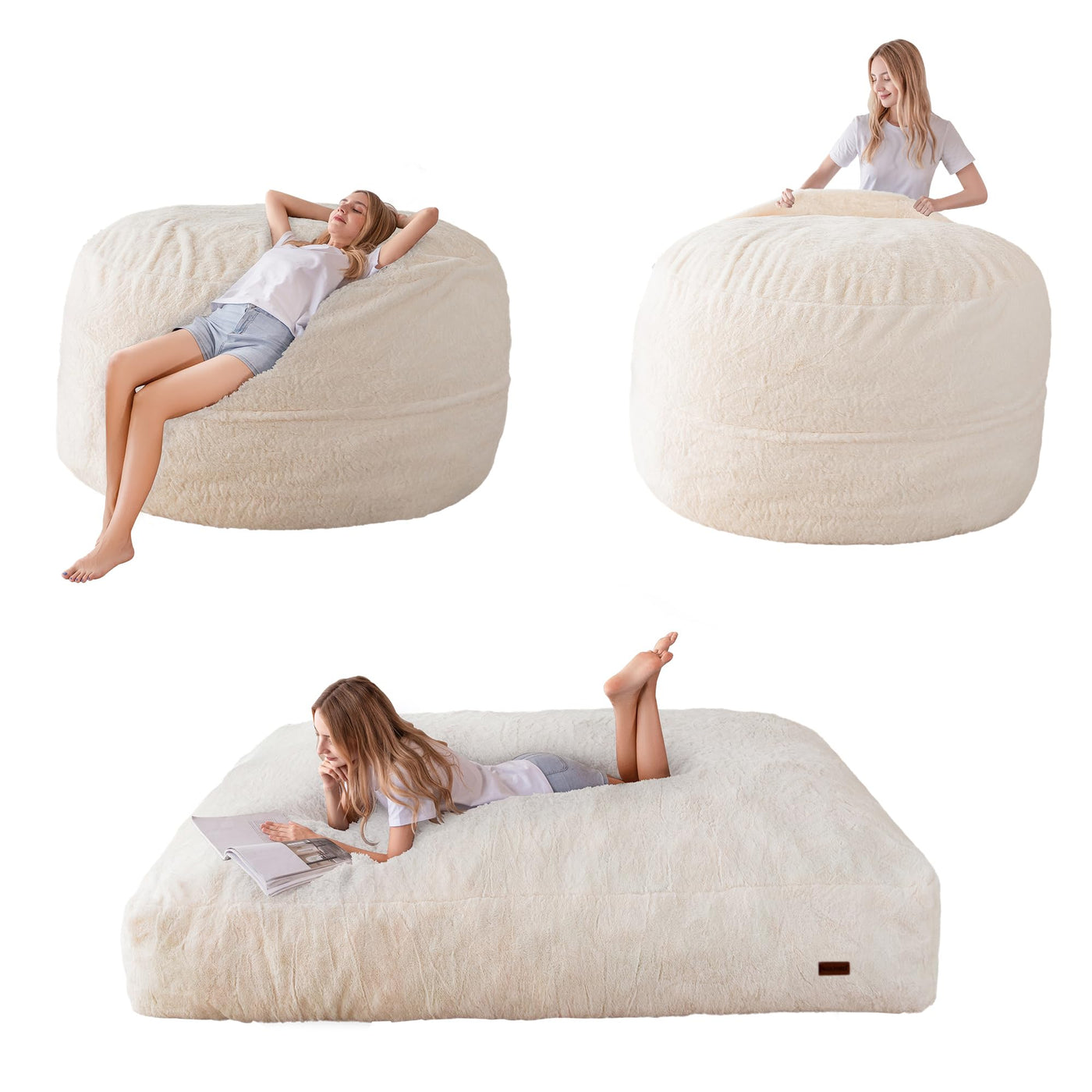 MAXYOYO Giant Bean Bag, Faux Fur Convertible Beanbag Folds from Lazy Chair to Floor Mattress Bed, Beige