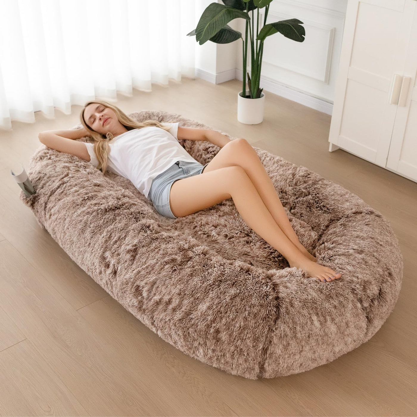 MAXYOYO Human Dog Bed, Long Faux Fur Giant Bean Bag Bed for Humans and Pets, Faux Fur Coffee