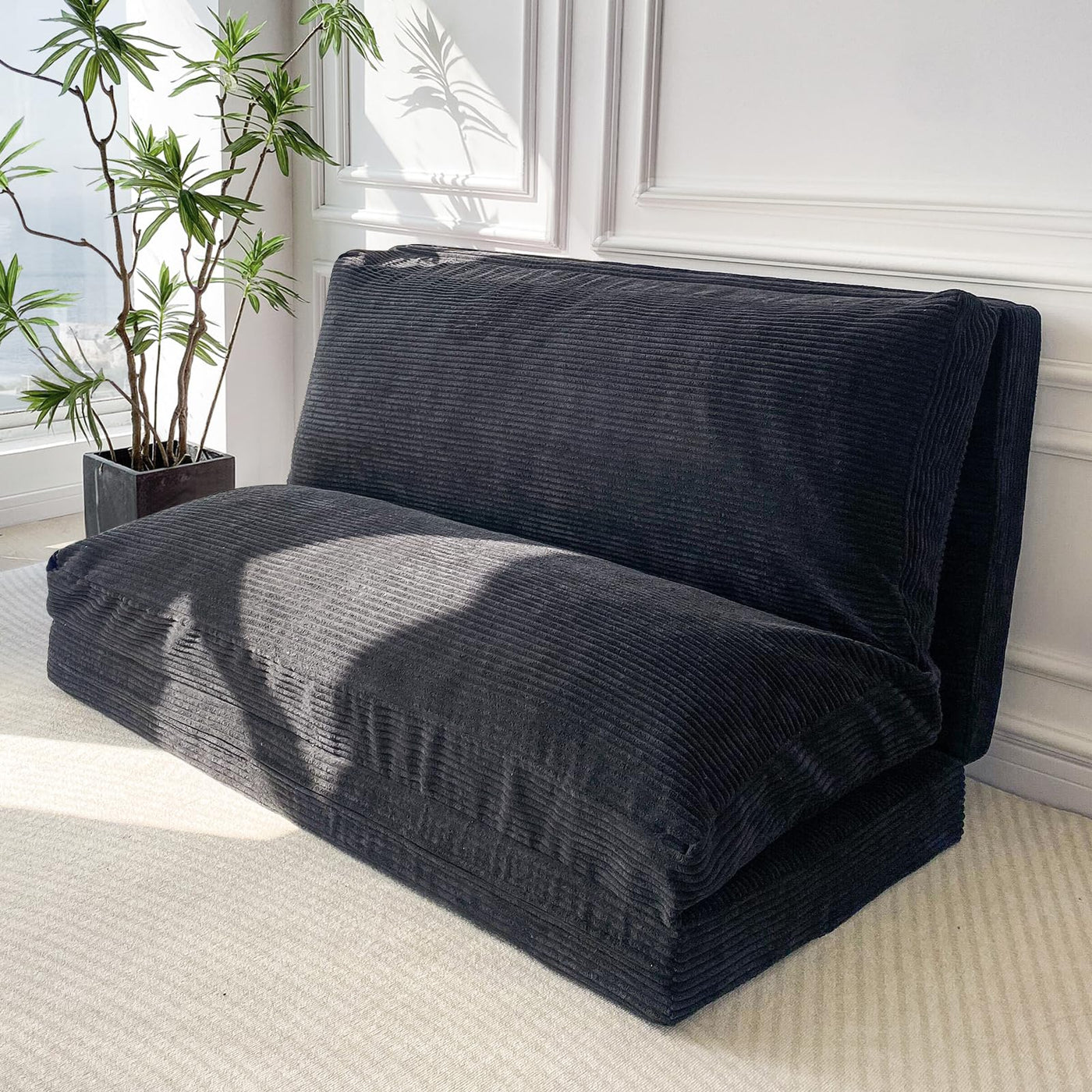 MAXYOYO Bean Bag Folding Sofa Bed with Corduroy Washable Cover, Extra Thick and Long Floor Sofa for Adults, Black