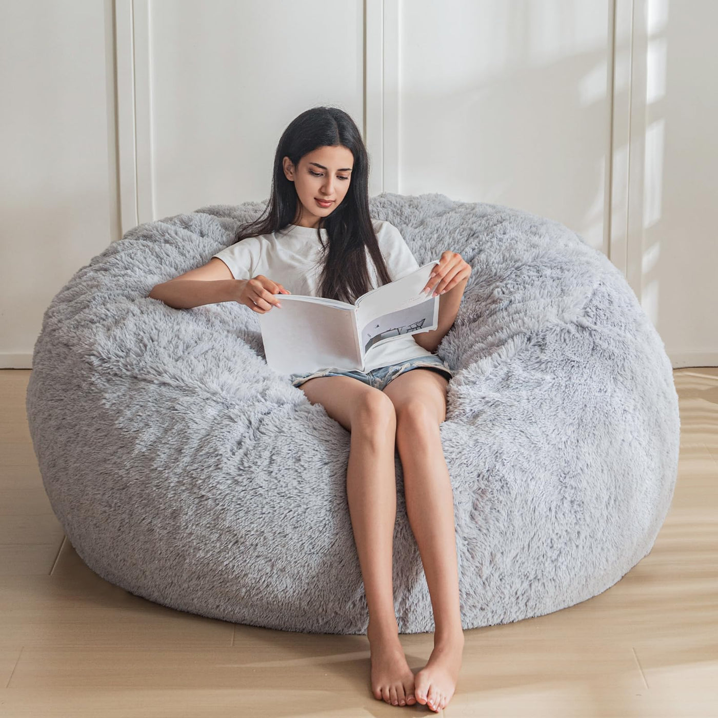 MAXYOYO Large Bean Bag Chair, Faux Fur Lazy Sofa for Living Room Bedroom, Grey
