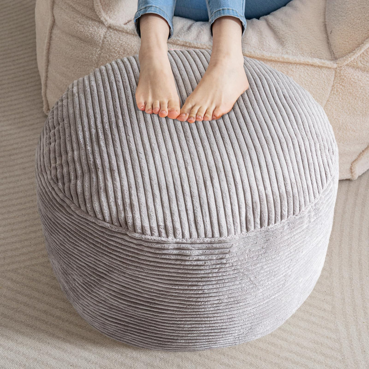 MAXYOYO Round Stuffed Pouf Ottoman, Corduroy Poufs with Foam Chunk Filling, 20 X 15In, Grey