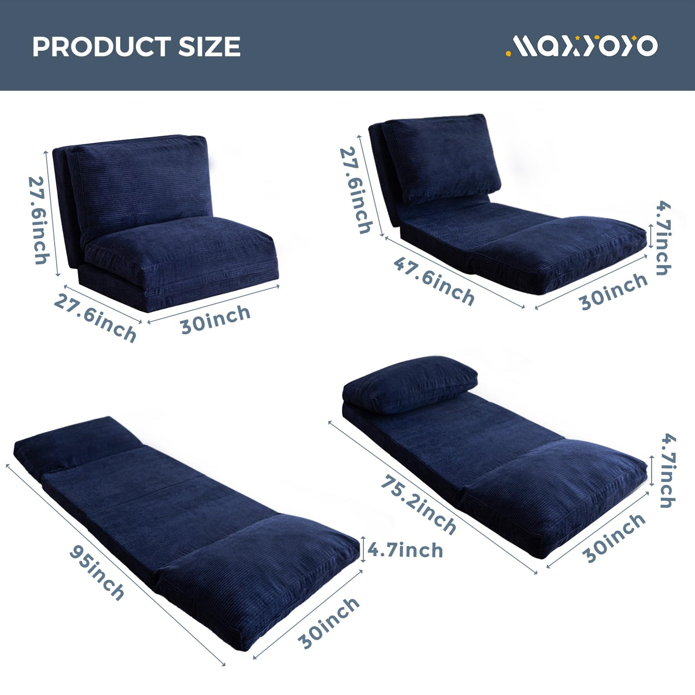 MAXYOYO Bean Bag Folding Sofa Bed with Corduroy Washable Cover, Extra Thick and Long Floor Sofa for Adults, Navy