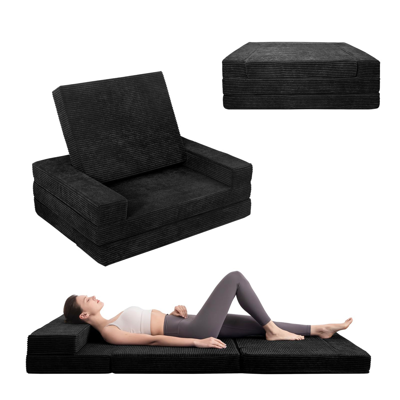 MAXYOYO Multifunctional Folding Sofa Bed, Portable Foldable Sleeper Sofa Floor Couch Futon Mattress for Guest Room, Black