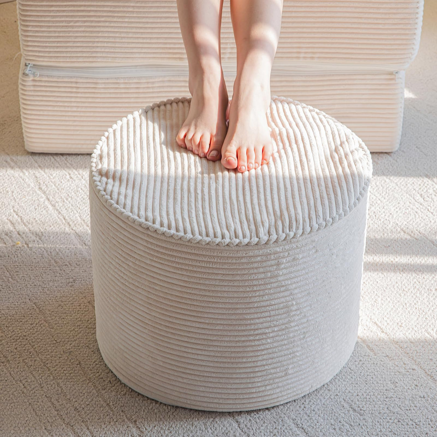 MAXYOYO Footstool, Corduroy Round Stuffed Pouf Ottoman High-Density Foam Filling, Beige