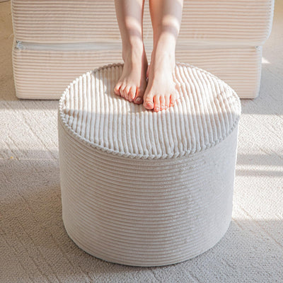 MAXYOYO Footstool, Corduroy Round Stuffed Pouf Ottoman High-Density Foam Filling, Beige