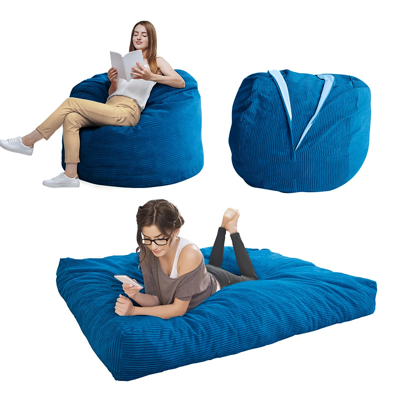 MAXYOYO Giant Bean Bag Chair Bed for Adults, Convertible Beanbag Folds from Lazy Chair to Floor Mattress Bed, Blue