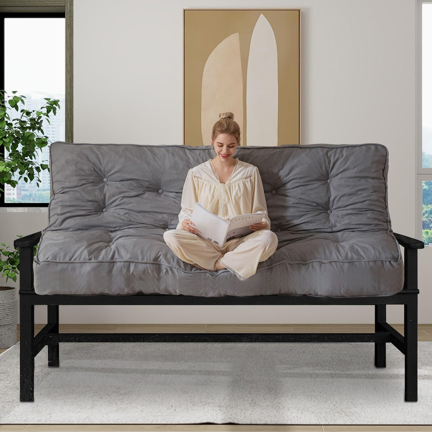 MAXYOYO 8" Thick Futons Sofa Couch Bed, Linen Tufting Futon Mattress for Adults (Mattress Only), Grey