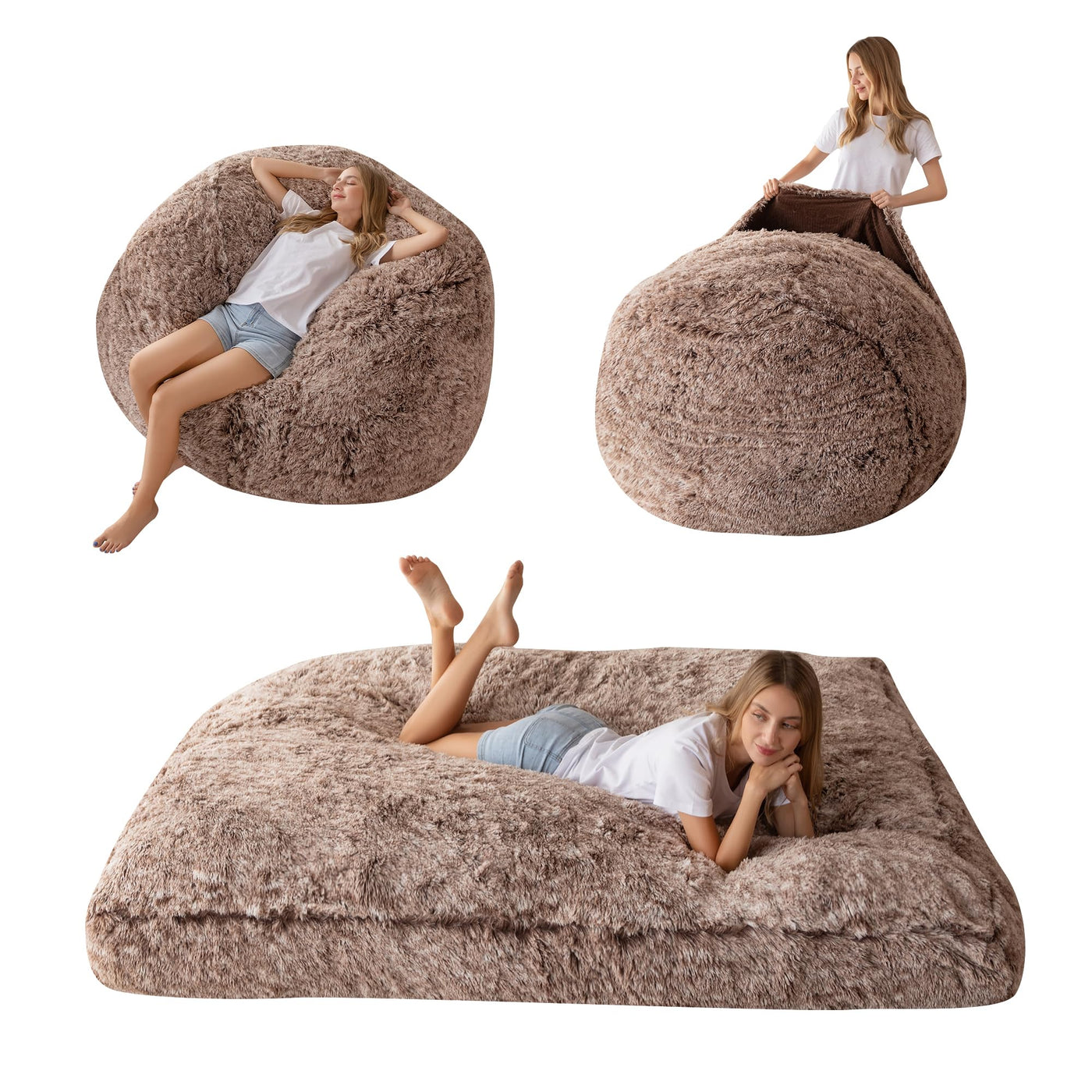 MAXYOYO Giant Bean Bag, Faux Fur Convertible Beanbag Folds from Lazy Chair to Floor Mattress Bed,Coffee