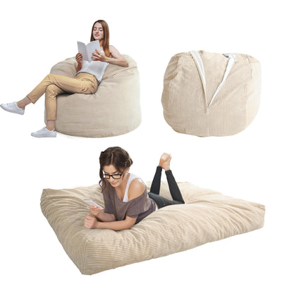 MAXYOYO Giant Bean Bag Chair Bed for Adults, Convertible Beanbag Folds from Lazy Chair to Floor Mattress Bed, Beige