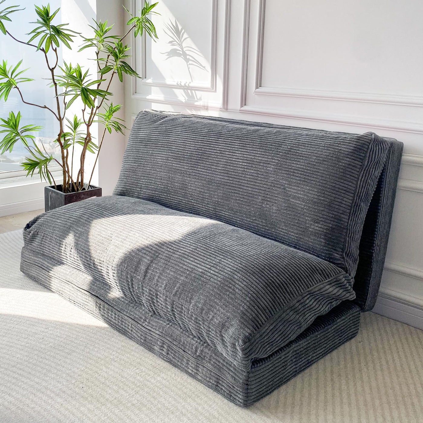 MAXYOYO Bean Bag Folding Sofa Bed with Corduroy Washable Cover, Extra Thick and Long Floor Sofa for Adults, Dark Grey