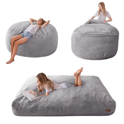 MAXYOYO Giant Bean Bag, Faux Fur Convertible Beanbag Folds from Lazy Chair to Floor Mattress Bed, Light Grey