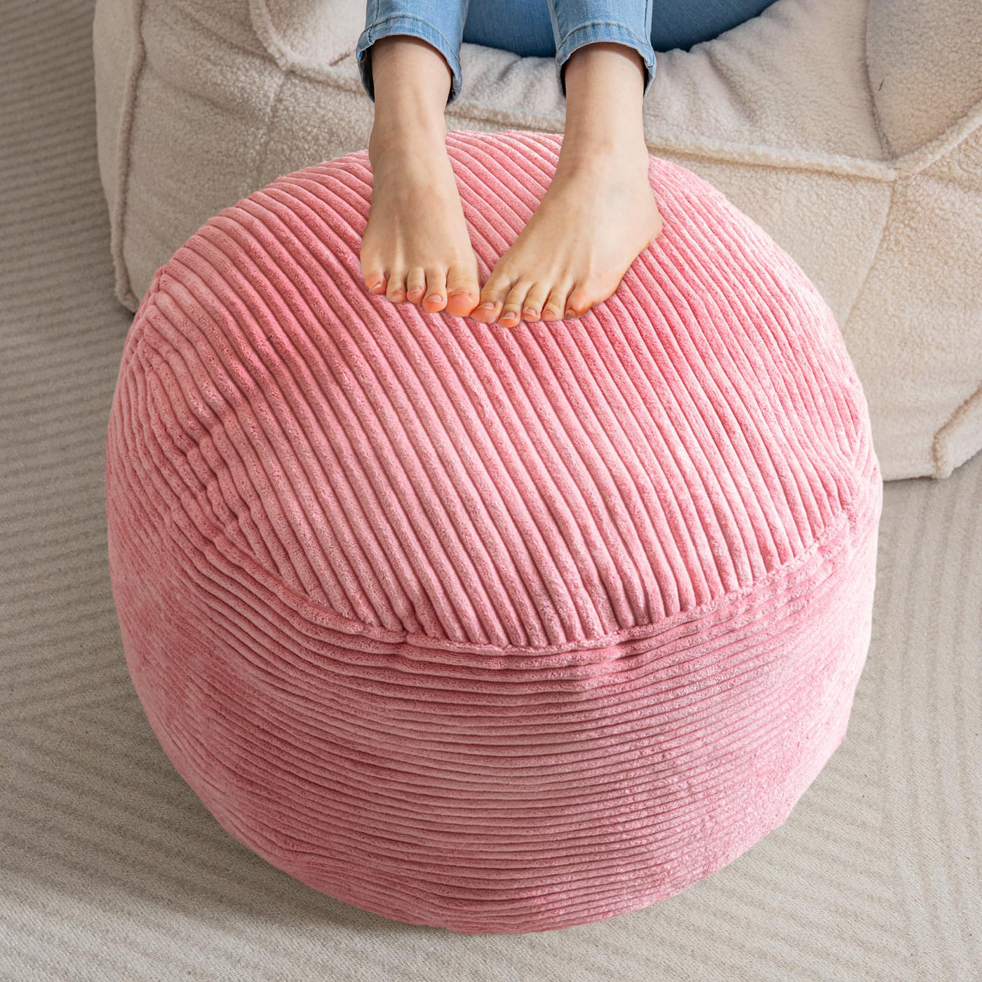 MAXYOYO Round Stuffed Pouf Ottoman, Corduroy Poufs with Foam Chunk Filling, 20 X 15In, Pink