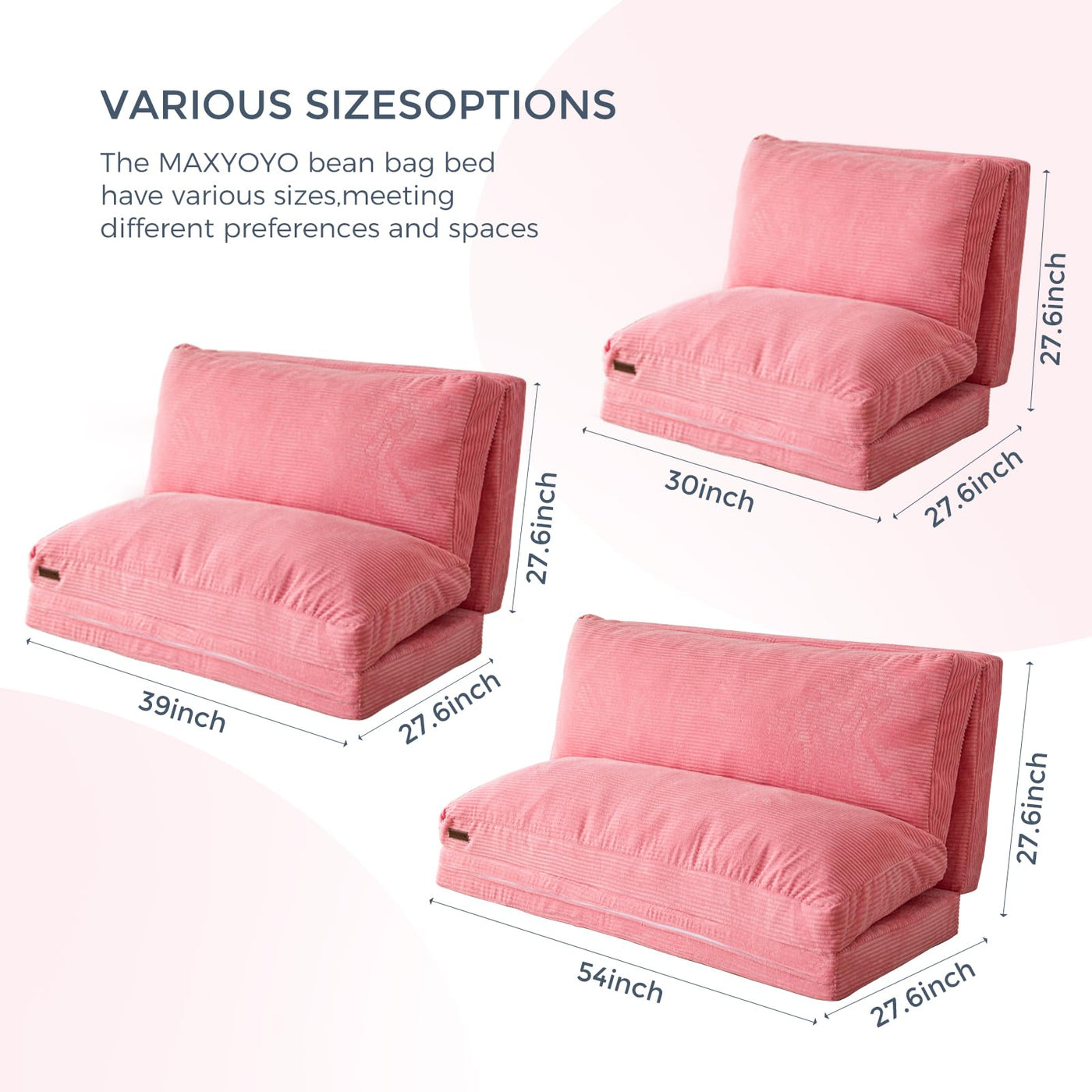 MAXYOYO Bean Bag Folding Sofa Bed with Corduroy Washable Cover, Extra Thick and Long Floor Sofa for Adults, Pink