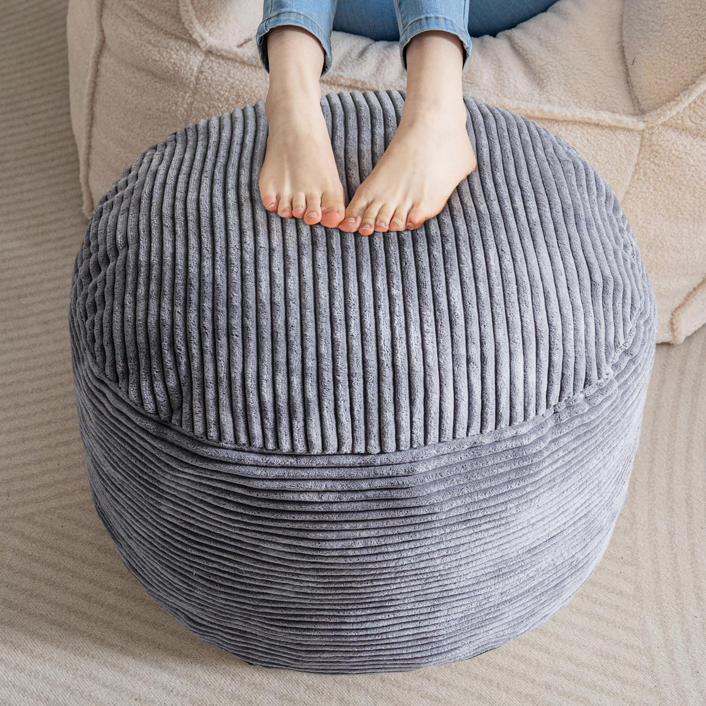 MAXYOYO Round Stuffed Pouf Ottoman, Corduroy Poufs with Foam Chunk Filling, 20 X 15In, Dark Grey