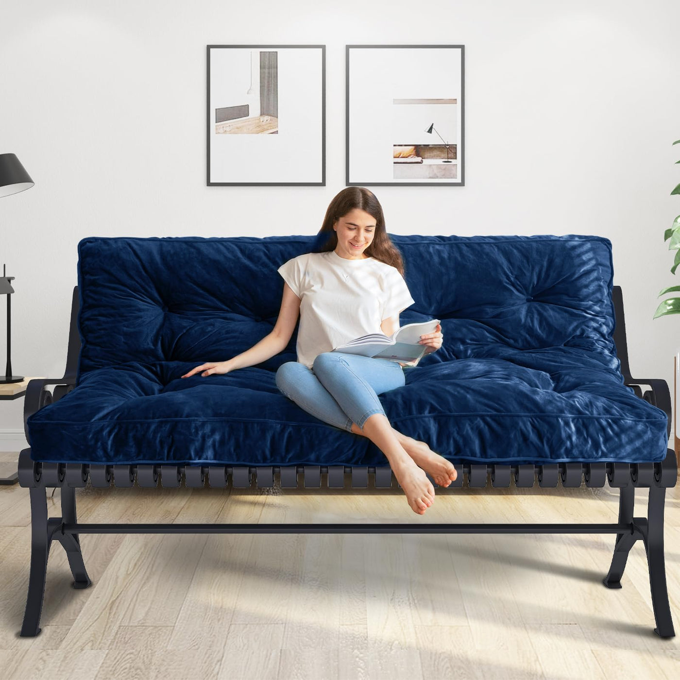 MAXYOYO 6" Thick Futons Sofa Couch Bed, Velvet Twin Size Futon Mattress for Adults (Mattress Only), Navy