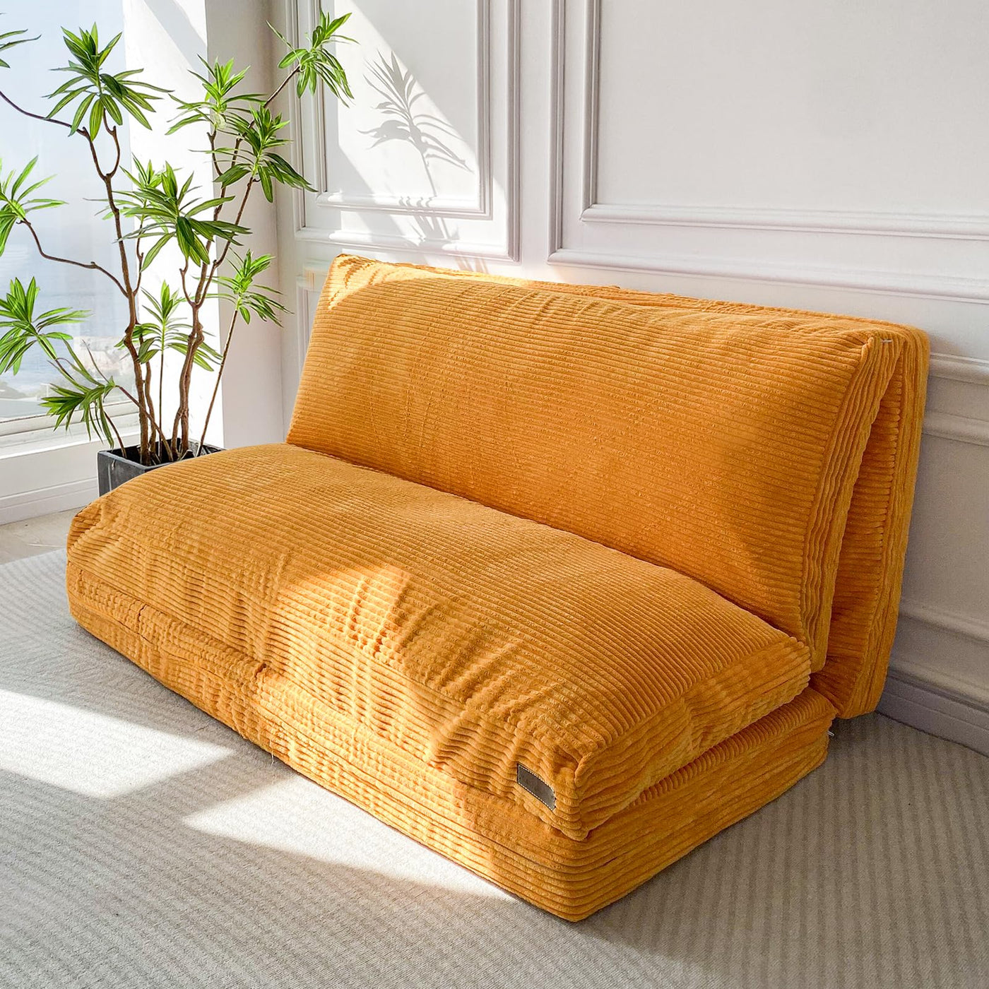 MAXYOYO Bean Bag Folding Sofa Bed with Corduroy Washable Cover, Extra Thick and Long Floor Sofa for Adults, Orange