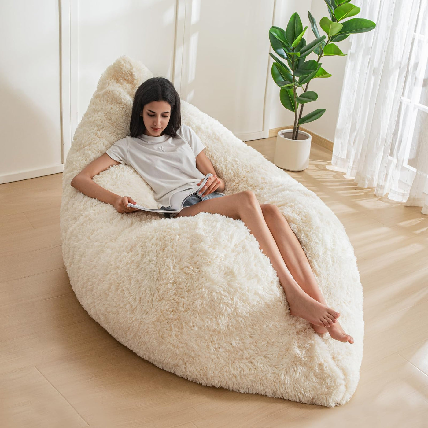 MAXYOYO 3 in 1 Bean Bag Chair, Giant Bean Bag Sofa Bed, Floor Mattress with High-Density Foam Filling, White