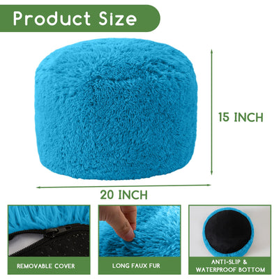 MAXYOYO Round Stuffed Pouf Ottoman, Long Faux Fur Poufs with Foam Chunk Filling, Blue