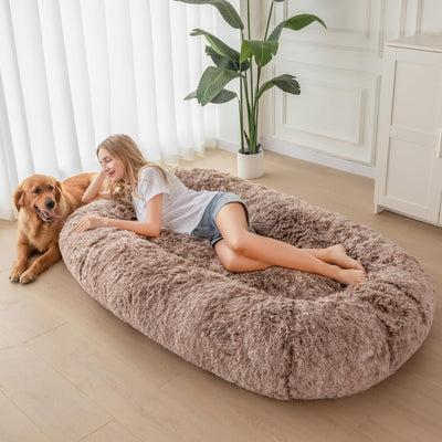 MAXYOYO Human Dog Bed, Long Faux Fur Giant Bean Bag Bed for Humans and Pets, Faux Fur Coffee