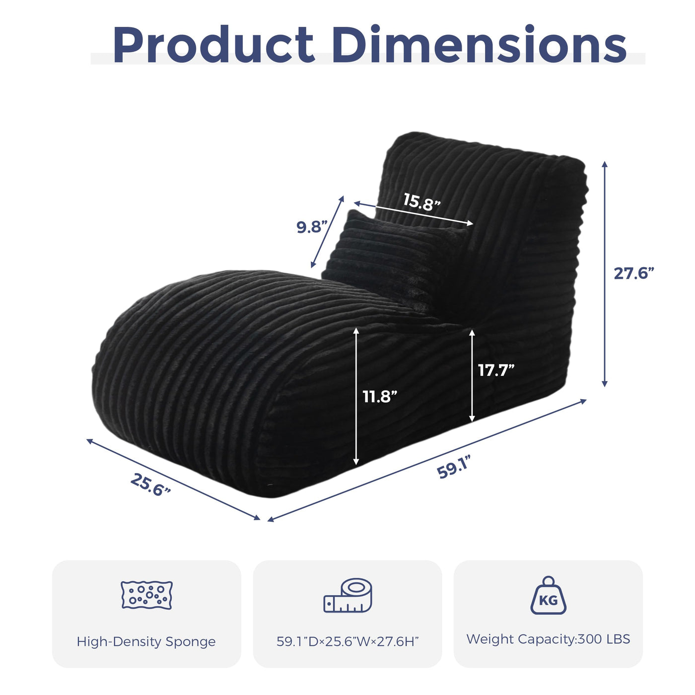 MAXYOYO Chaise Lounge with Pillow, Ergonomic Chaise Lounge Chair Indoor, Soft Fabric Velvet Floor Sofa, Fainting Couch for Bedroom Living Room, Black