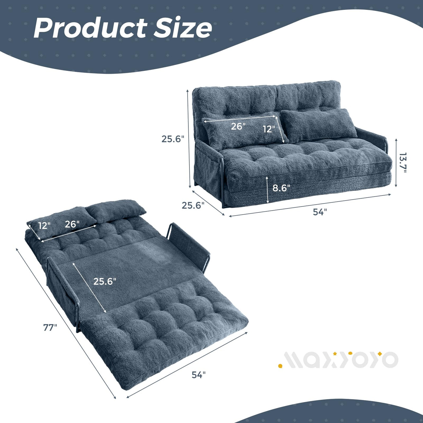 MAXYOYO Adjustable Floor Sofa Couch with 2 Pillows, Boucle Convertible Lazy Sofa Sleeper Bed with Armrest, Double, Dusty Blue