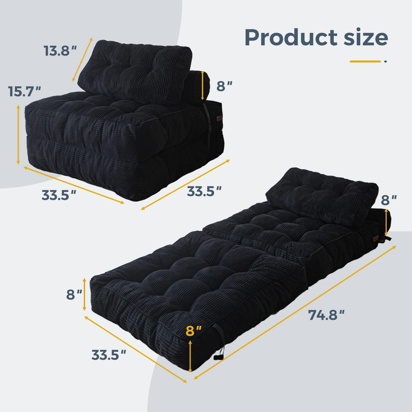 MAXYOYO Folding Sofa Bed, Convertible Sleeper Chair with Pillow Foldable Mattress with Back Support, Portable Fold Out Chair Bed Comfy Floor Sofa Lounge for Living Room Bedroom, Black