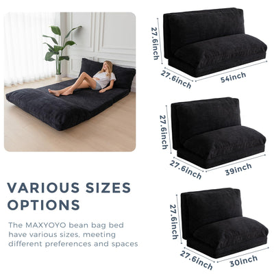 MAXYOYO Bean Bag Folding Sofa Bed with Corduroy Washable Cover, Extra Thick and Long Floor Sofa for Adults, Black